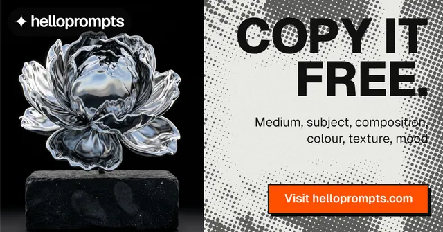 Social ad for HelloPrompts: "Copy it free." Brutalist style, right layout, light palette in black, grey, orange.
