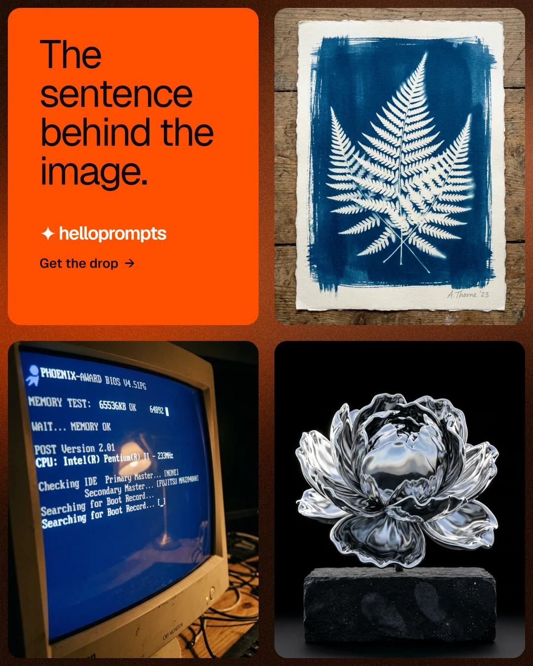 Instagram portrait post for HelloPrompts: "The sentence behind the image." Agentic glass style, collage layout, dark palette in black, orange, grey.