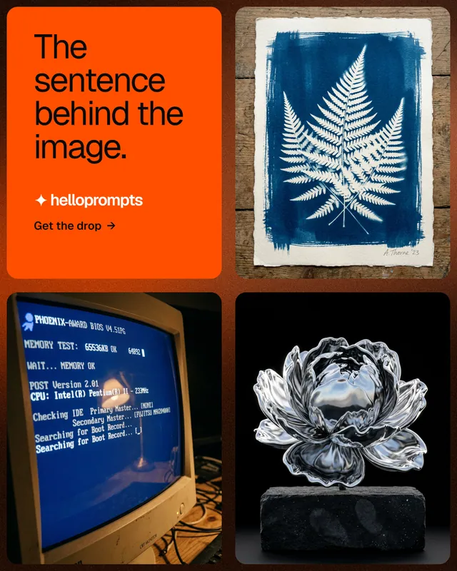 Instagram portrait post for HelloPrompts: "The sentence behind the image." Agentic glass style, collage layout, dark palette in black, orange, grey.