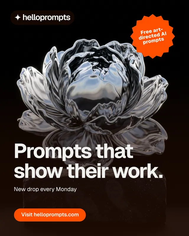Instagram portrait post for HelloPrompts: "Prompts that show their work." Photo poster style, sticker layout, dark palette in black, grey, orange.