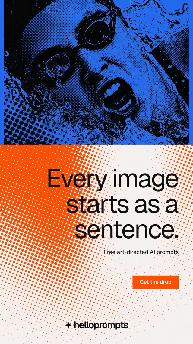 Instagram story for HelloPrompts: "Every image starts as a sentence." Swiss style, right layout, light palette in blue, red, grey.