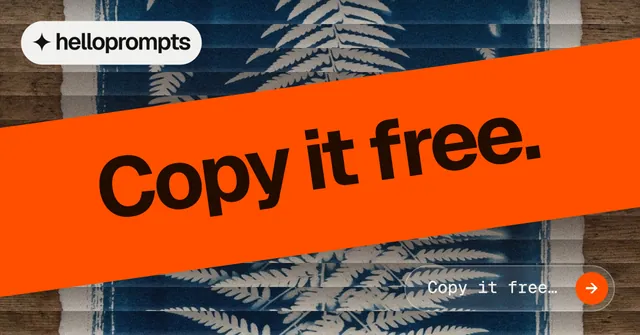 Social ad for HelloPrompts: "Copy it free." Agentic glass style, diagonal layout, dark palette in orange, blue.