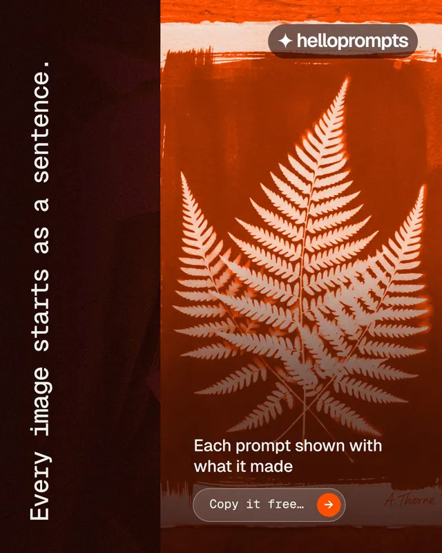 Instagram portrait post for HelloPrompts: "Every image starts as a sentence." Agentic glass style, vertical layout, dark palette in orange, black, red.