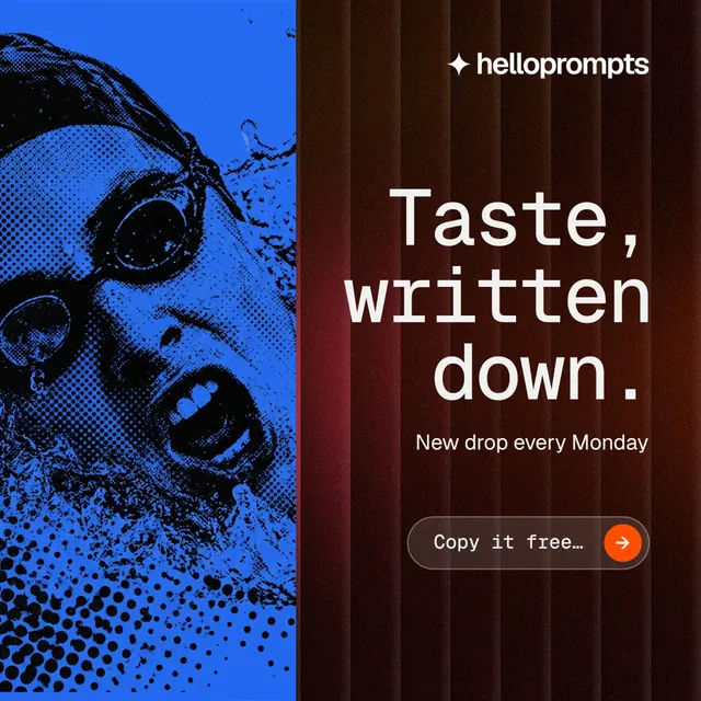 Instagram post for HelloPrompts: "Taste, written down." Agentic glass style, right layout, dark palette in red, black, blue.