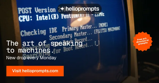 Social ad for HelloPrompts: "The art of speaking to machines." Swiss style, sticker layout, dark palette in blue, grey, black.
