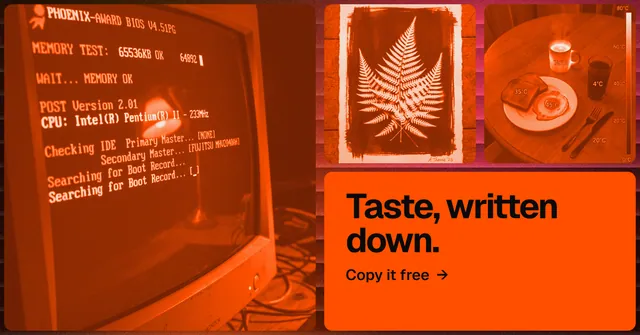 Social ad for HelloPrompts: "Taste, written down." Agentic glass style, collage layout, dark palette in orange.