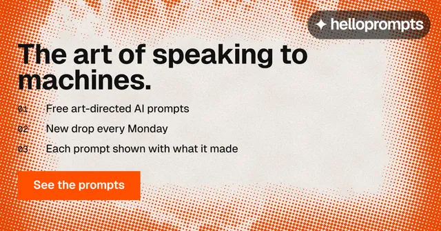 Social ad for HelloPrompts: "The art of speaking to machines." Swiss style, numbered layout, light palette in orange.