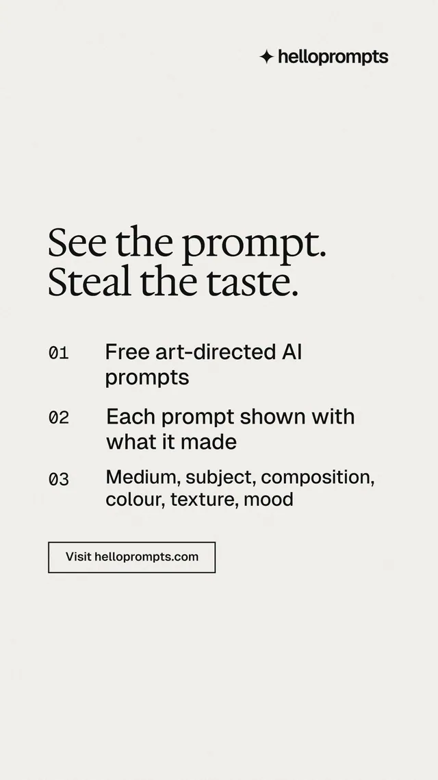 Instagram story for HelloPrompts: "See the prompt. Steal the taste." Editorial style, numbered layout, light palette in white.
