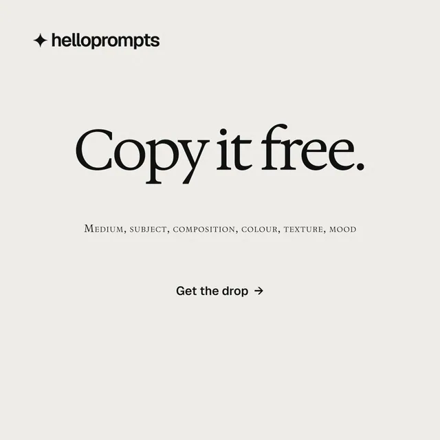 Instagram post for HelloPrompts: "Copy it free." Swiss style, smallcaps layout, light palette in white.