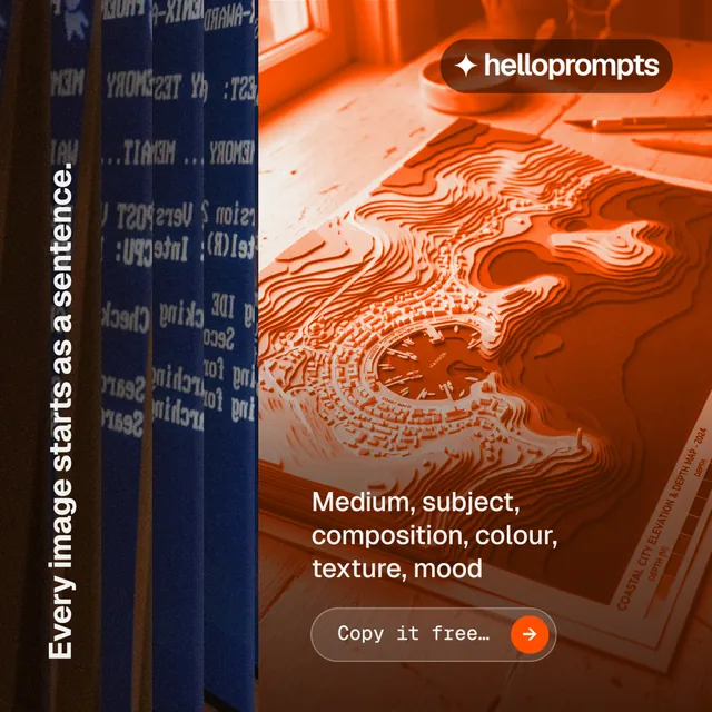 Instagram post for HelloPrompts: "Every image starts as a sentence." Agentic glass style, vertical layout, dark palette in black, orange, brown.