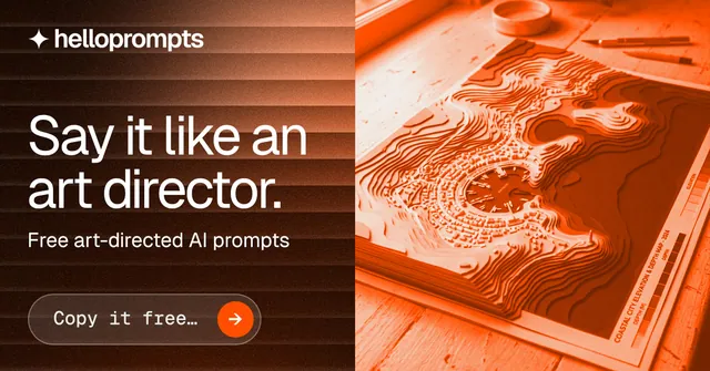 Social ad for HelloPrompts: "Say it like an art director." Agentic glass style, bottom layout, dark palette in black, brown, orange.