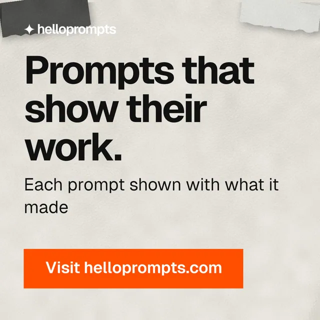 Instagram post for HelloPrompts: "Prompts that show their work." Swiss style, skeleton layout, light palette in white, brown.