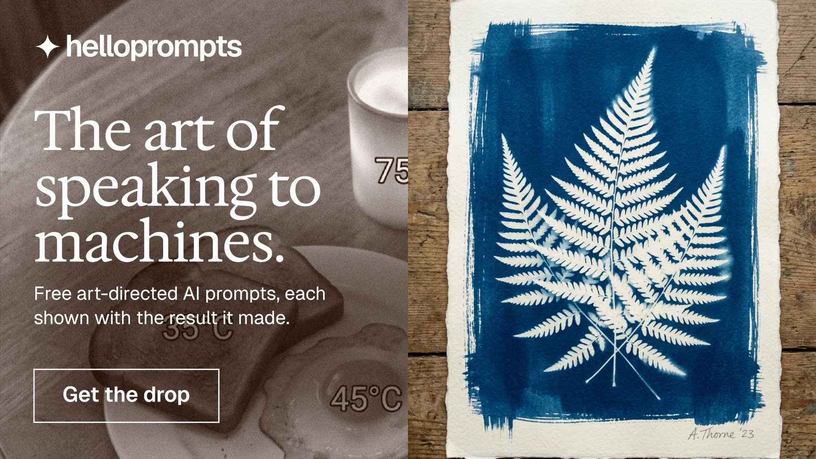 Landscape graphic for HelloPrompts: "The art of speaking to machines." Editorial style, bottom layout, light palette in grey, blue, white.