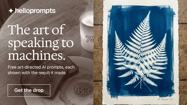 Landscape graphic for HelloPrompts: "The art of speaking to machines." Editorial style, bottom layout, light palette in grey, blue, white.