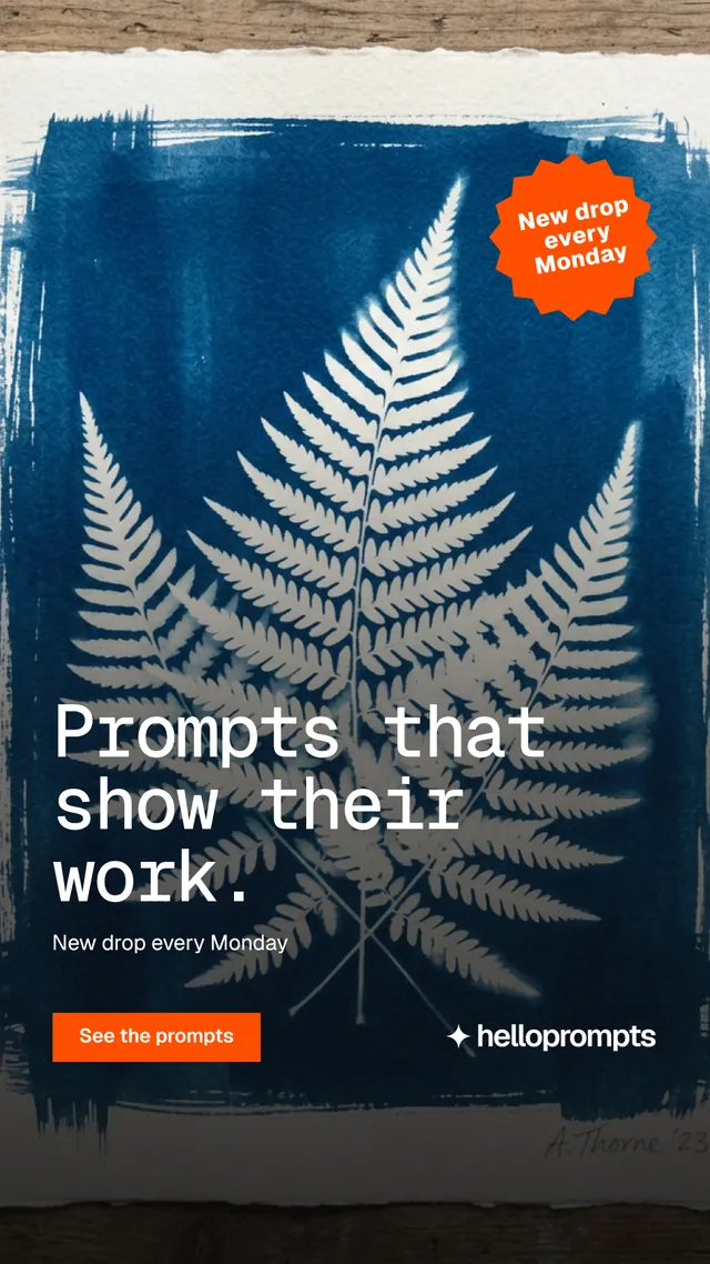 Instagram story for HelloPrompts: "Prompts that show their work." Swiss style, sticker layout, dark palette in grey, blue, black.