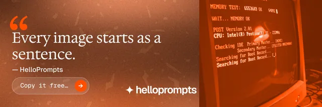 X header for HelloPrompts: "Taste, written down." Agentic glass style, quote layout, dark palette in orange, brown.