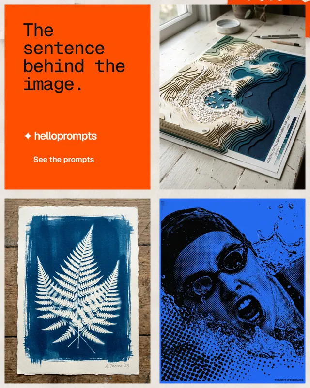 Instagram portrait post for HelloPrompts: "The sentence behind the image." Swiss style, collage layout, light palette in blue, orange, grey.