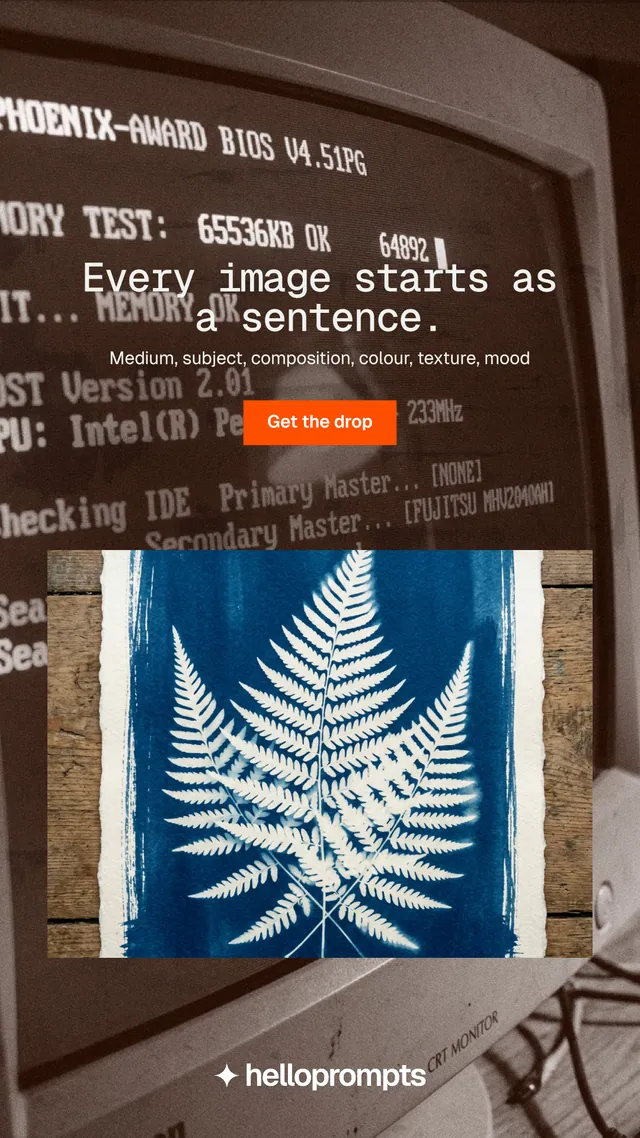 Instagram story for HelloPrompts: "Every image starts as a sentence." Swiss style, centred layout, dark palette in orange, grey, black.