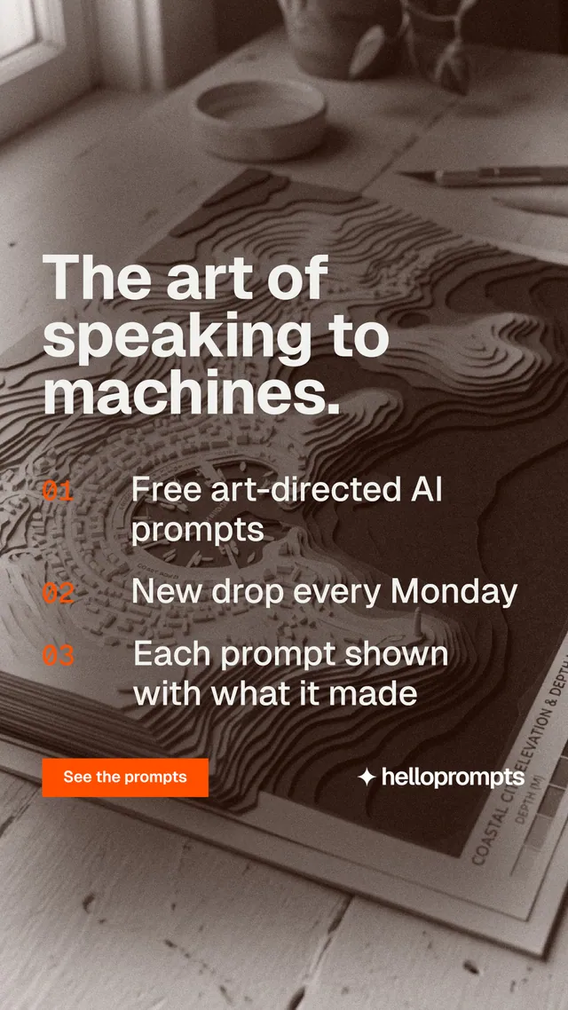 Instagram story for HelloPrompts: "The art of speaking to machines." Swiss style, numbered layout, dark palette in grey, orange.