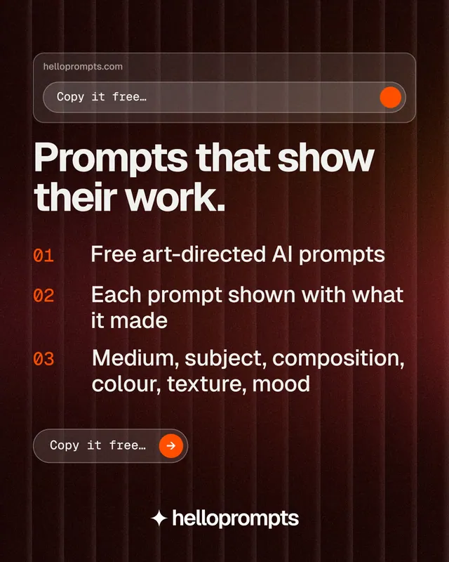 Instagram portrait post for HelloPrompts: "Prompts that show their work." Agentic glass style, numbered layout, dark palette in red, black, grey.