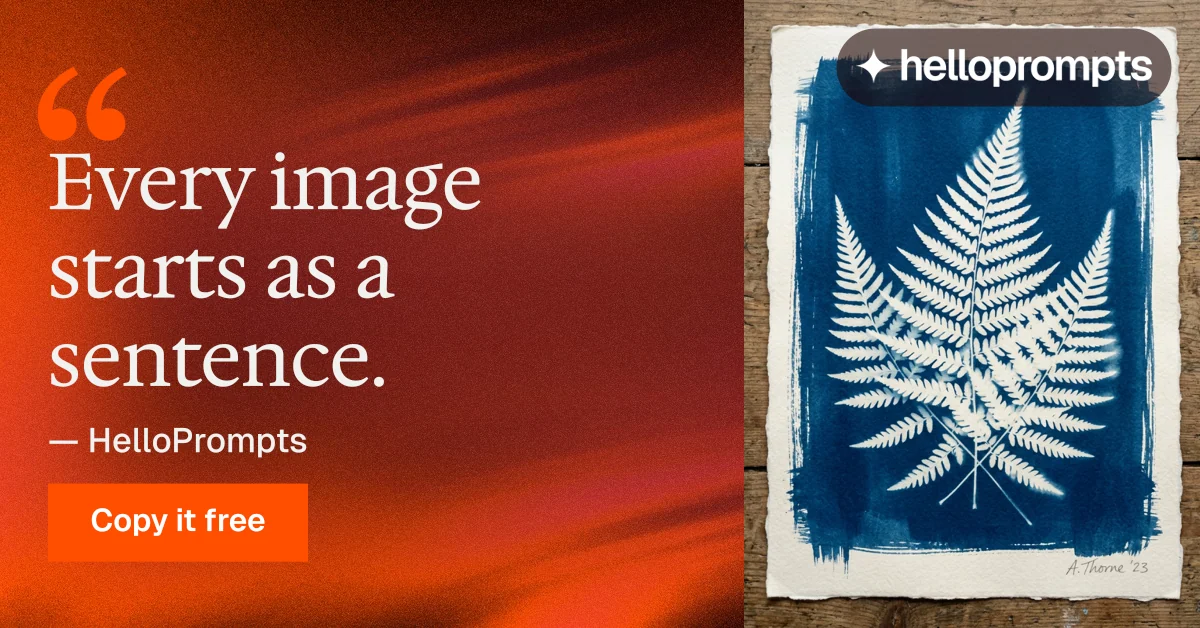 Social ad for HelloPrompts: "The sentence behind the image." Swiss style, quote layout, dark palette in red, grey.
