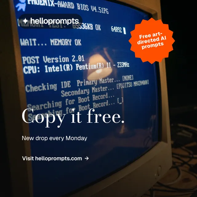 Instagram post for HelloPrompts: "Copy it free." Minimal luxury style, sticker layout, dark palette in blue, black, grey.