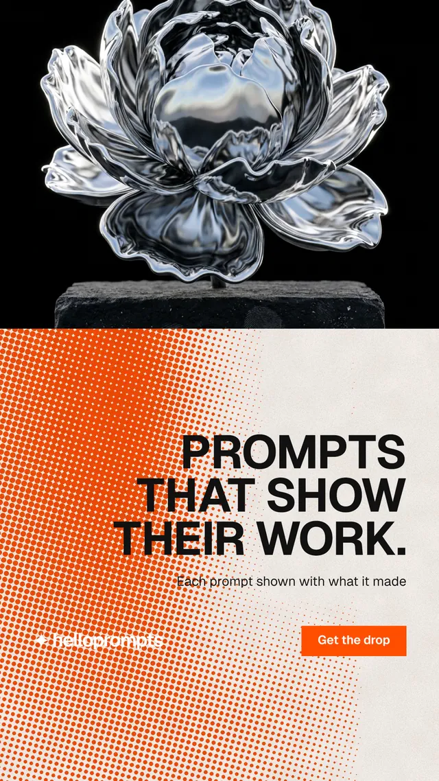 Instagram story for HelloPrompts: "Prompts that show their work." Swiss style, right layout, light palette in black, orange.