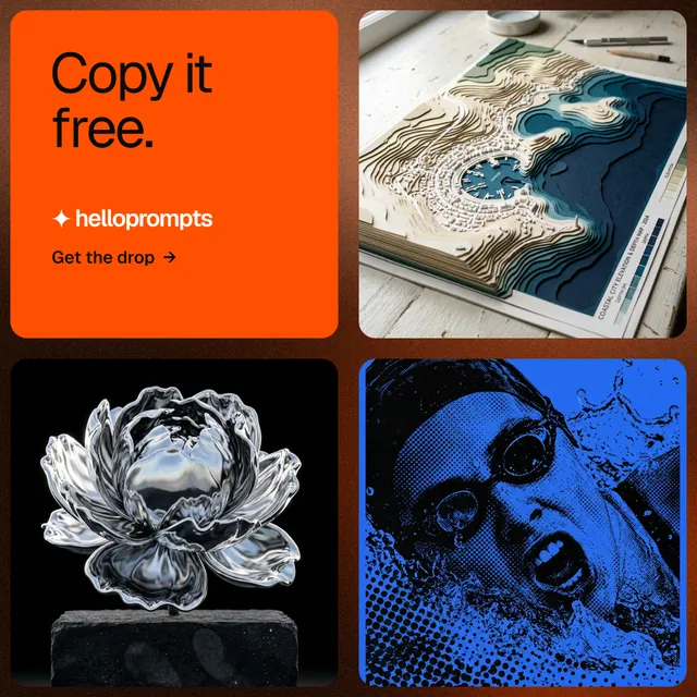 Instagram post for HelloPrompts: "Copy it free." Agentic glass style, collage layout, dark palette in black, red, grey.