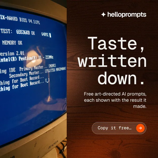 Instagram post for HelloPrompts: "Taste, written down." Agentic glass style, right layout, dark palette in orange, black, blue.