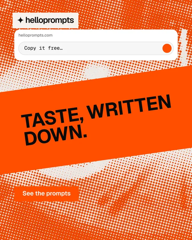 Instagram portrait post for HelloPrompts: "Taste, written down." Swiss style, diagonal layout, light palette in orange.