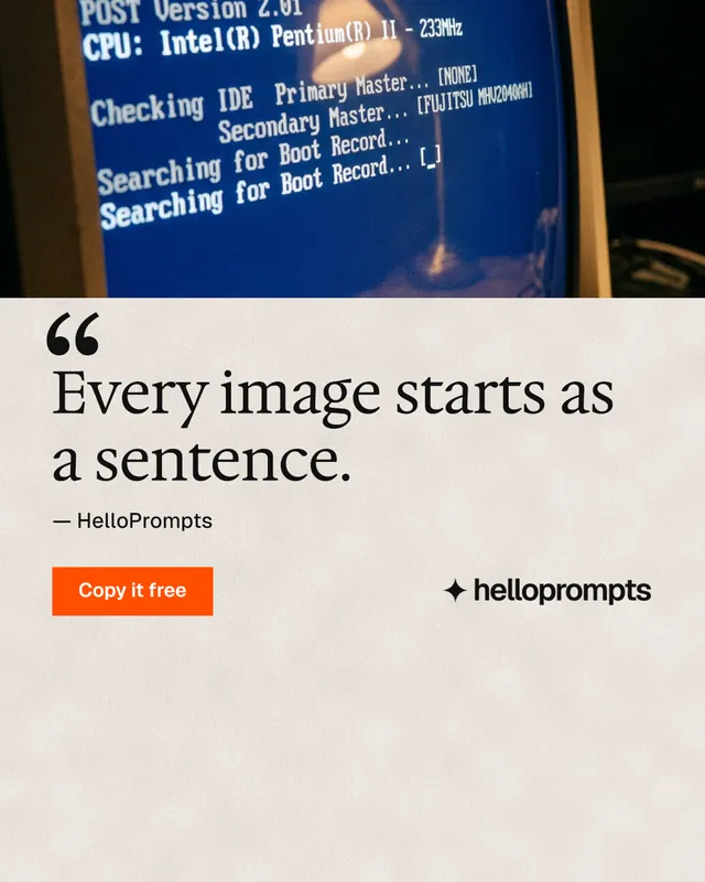 Instagram portrait post for HelloPrompts: "The art of speaking to machines." Swiss style, quote layout, light palette in orange, blue, grey.