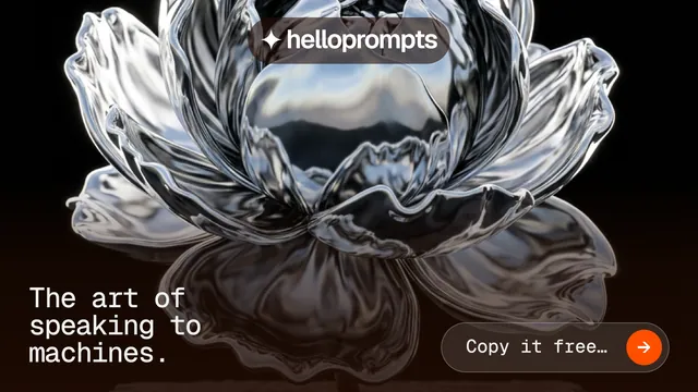 Landscape graphic for HelloPrompts: "The art of speaking to machines." Agentic glass style, image led layout, dark palette in black, orange, grey.