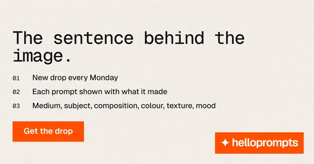 Social ad for HelloPrompts: "The sentence behind the image." Swiss style, numbered layout, light palette in white, orange.
