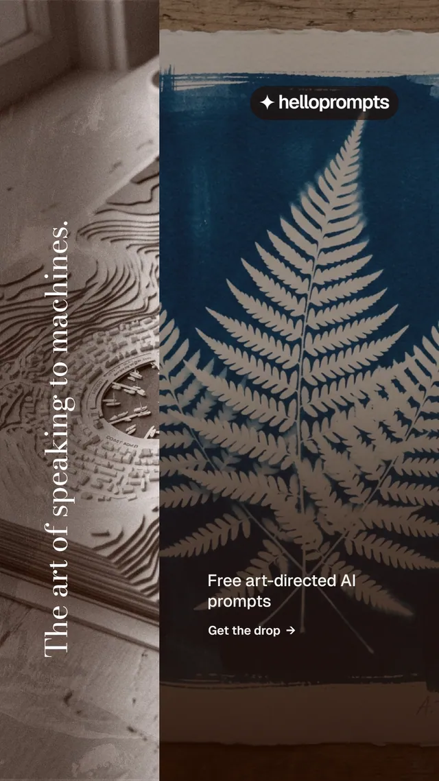 Instagram story for HelloPrompts: "The art of speaking to machines." Minimal luxury style, vertical layout, dark palette in grey, black, blue.