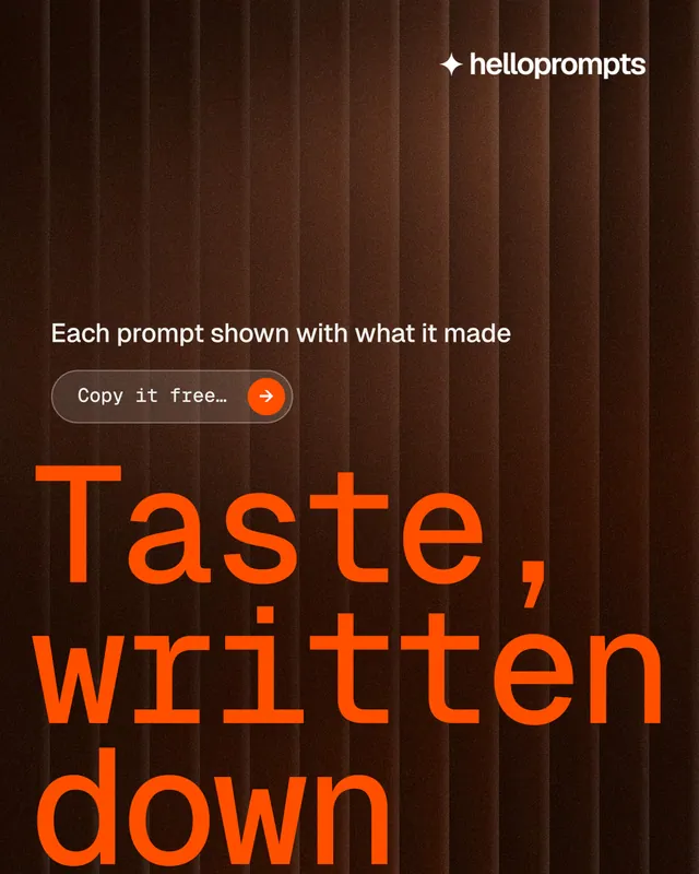 Instagram portrait post for HelloPrompts: "Every image starts as a sentence." Agentic glass style, oversized layout, dark palette in black, orange.