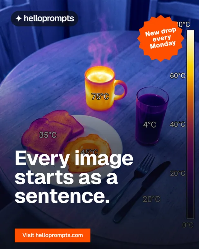 Instagram portrait post for HelloPrompts: "Every image starts as a sentence." Swiss style, sticker layout, dark palette in purple, blue, grey.