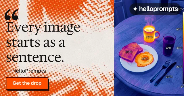 Social ad for HelloPrompts: "See the prompt. Steal the taste." Brutalist style, quote layout, light palette in blue, red, orange.