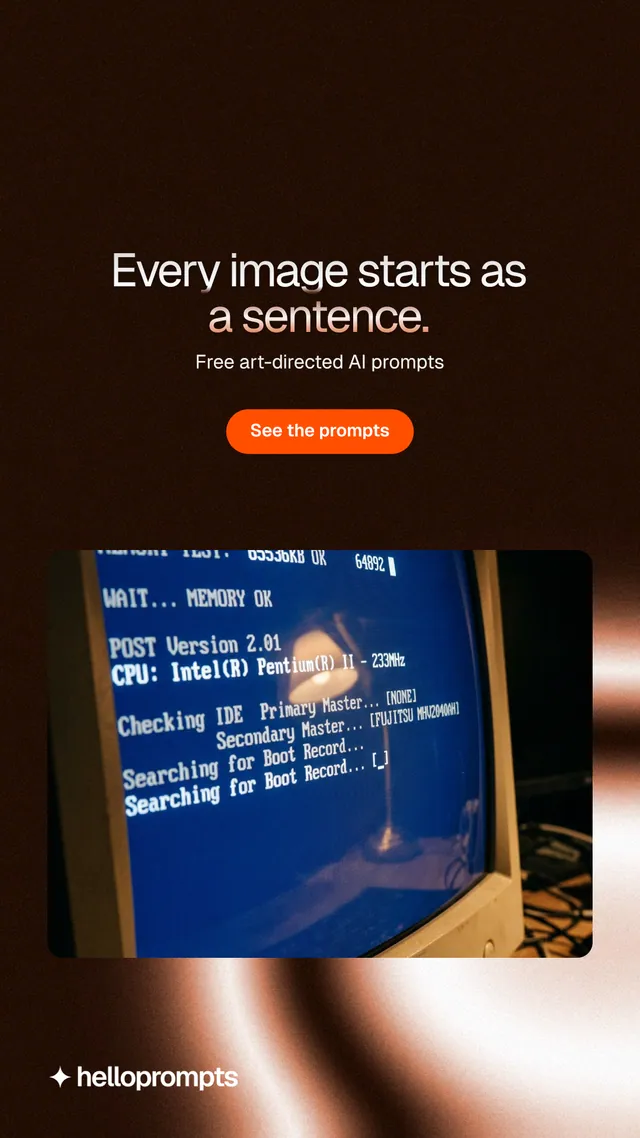 Instagram story for HelloPrompts: "Every image starts as a sentence." Y2K style, centred layout, dark palette in black, blue, grey.