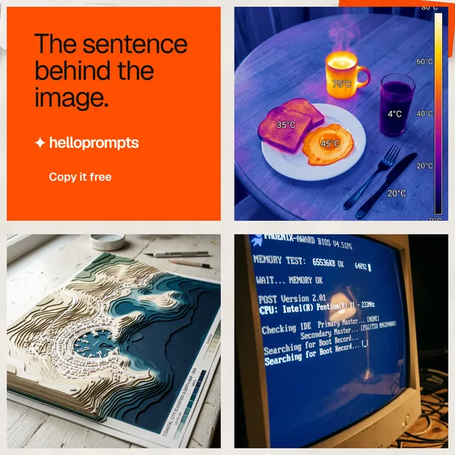 Instagram post for HelloPrompts: "The sentence behind the image." Swiss style, collage layout, light palette in blue, orange, grey.