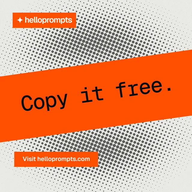 Instagram post for HelloPrompts: "Copy it free." Swiss style, diagonal layout, light palette in orange, white, grey.