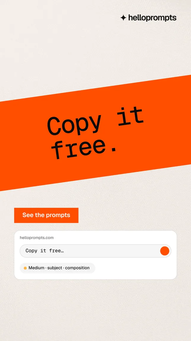 Instagram story for HelloPrompts: "Copy it free." Swiss style, diagonal layout, light palette in orange, white.