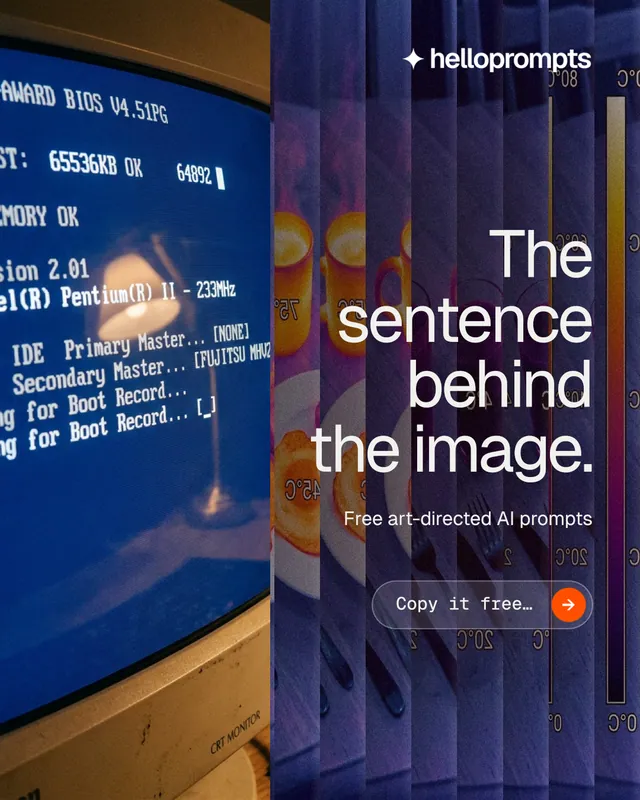 Instagram portrait post for HelloPrompts: "The sentence behind the image." Agentic glass style, right layout, dark palette in purple, blue, grey.
