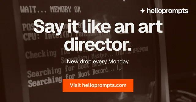 Social ad for HelloPrompts: "Say it like an art director." Swiss style, centred layout, dark palette in orange, black, grey.