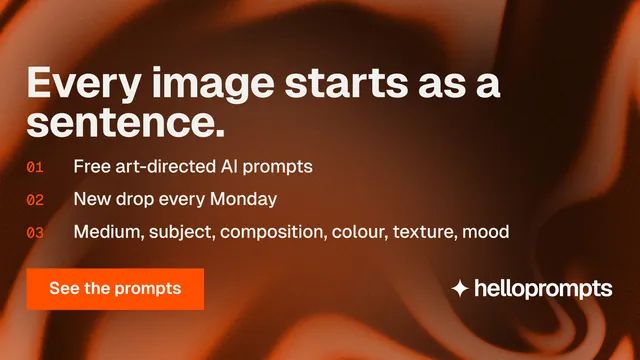 Landscape graphic for HelloPrompts: "Every image starts as a sentence." Swiss style, numbered layout, dark palette in black, orange, brown.