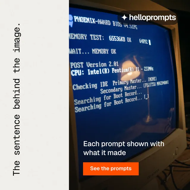 Instagram post for HelloPrompts: "The sentence behind the image." Swiss style, vertical layout, light palette in blue, black, white.