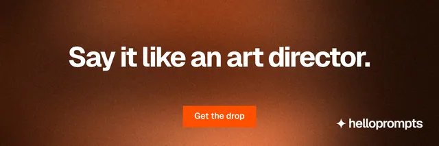 X header for HelloPrompts: "Say it like an art director." Swiss style, centred layout, dark palette in orange, black.