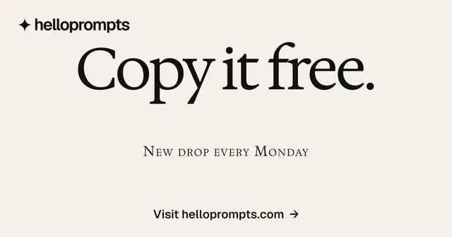 Social ad for HelloPrompts: "Copy it free." Swiss style, smallcaps layout, light palette in white.