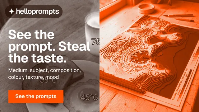 Landscape graphic for HelloPrompts: "See the prompt. Steal the taste." Swiss style, bottom layout, light palette in orange, brown.