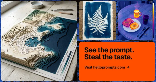 Social ad for HelloPrompts: "See the prompt. Steal the taste." Agentic glass style, collage layout, light palette in blue, orange, grey.