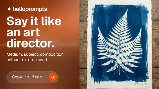 Landscape graphic for HelloPrompts: "Say it like an art director." Agentic glass style, bottom layout, light palette in orange, blue, white.
